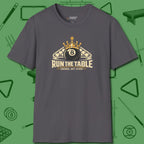 Run the Table T-Shirt, front view, in Charcoal break, run out, turn heads — repeat