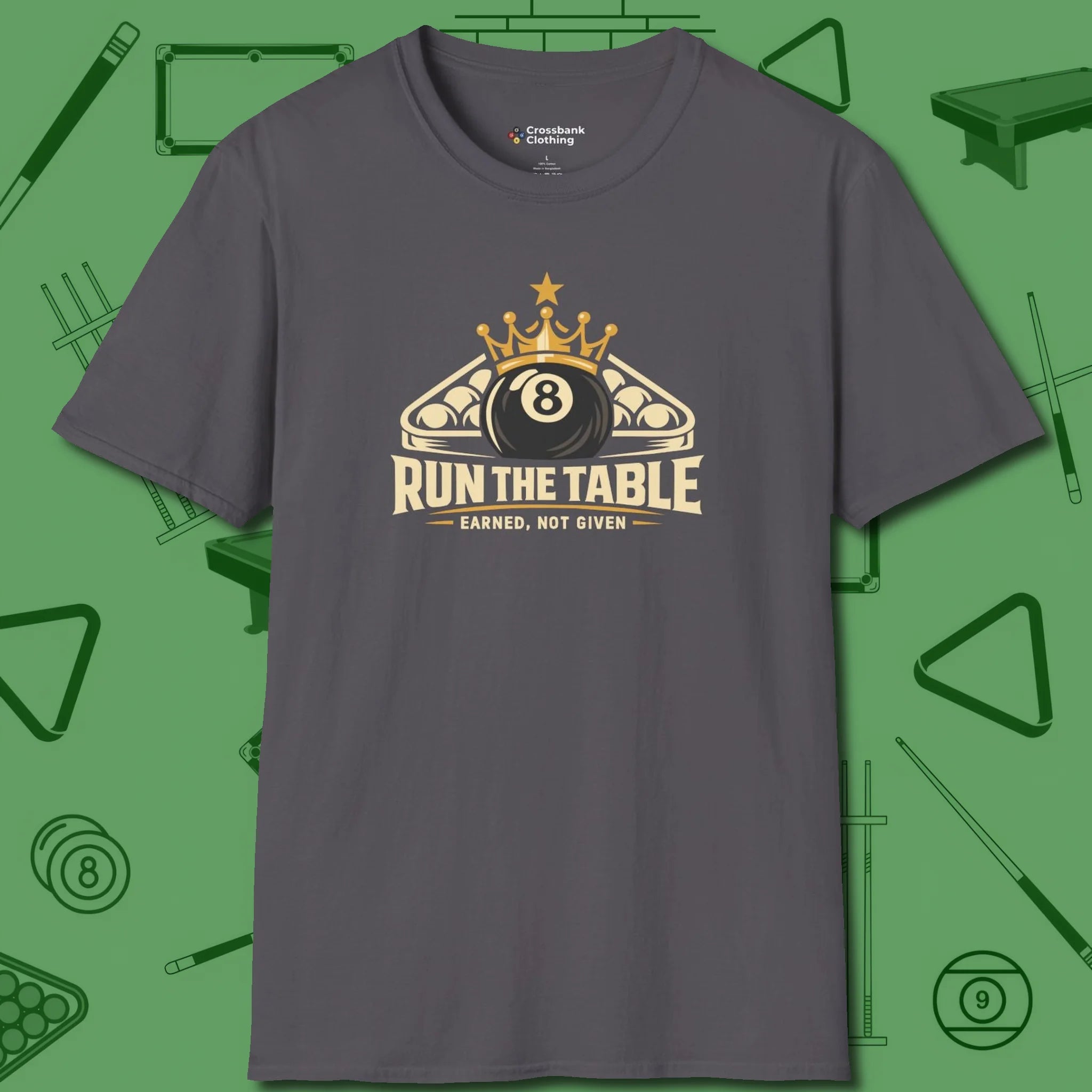 Run the Table T-Shirt, front view, in Charcoal break, run out, turn heads — repeat