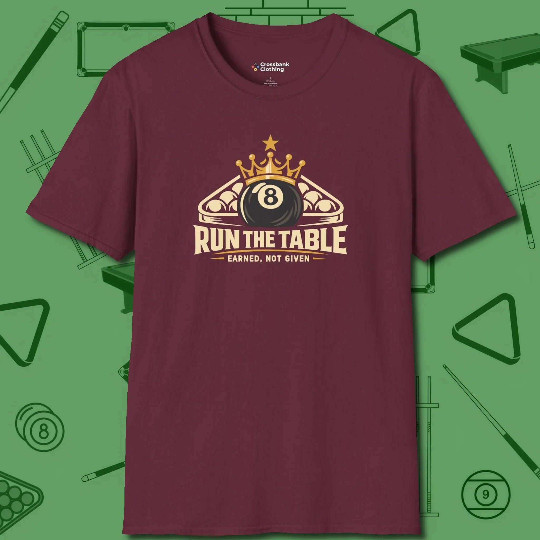 Run the Table T-Shirt, front view, in Maroon the shirt that plays position