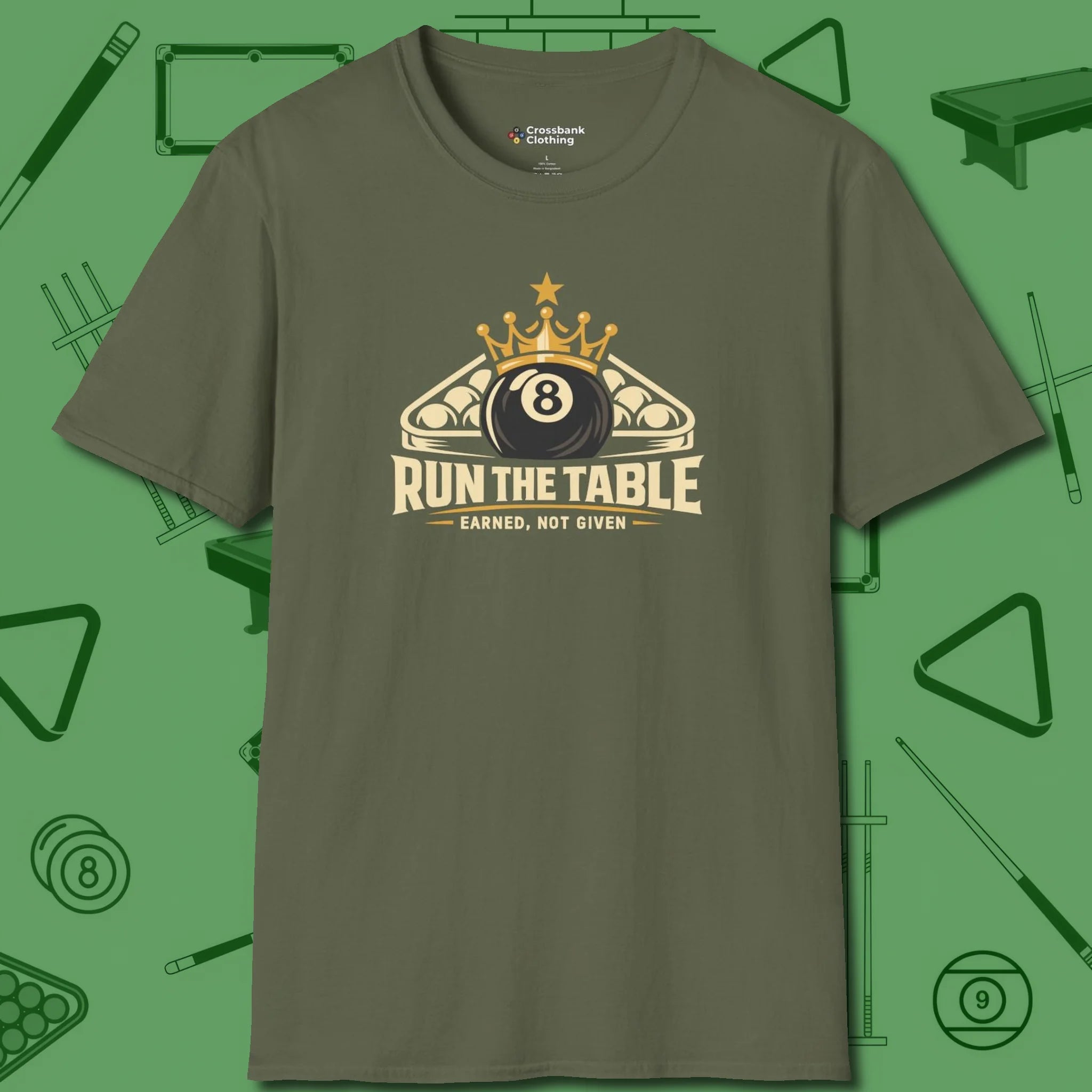 Run the Table T-Shirt, front view, in Military Green cool enough for a corner pocket finish