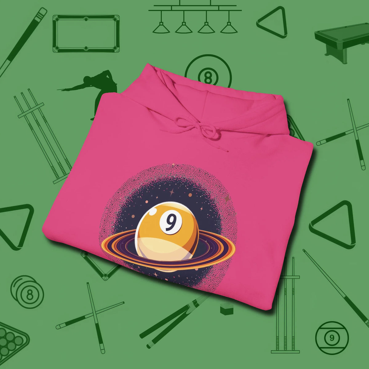 Nine Ball Saturn Hoodie, folded view, in Heliconia the official uniform of the after-hours crew