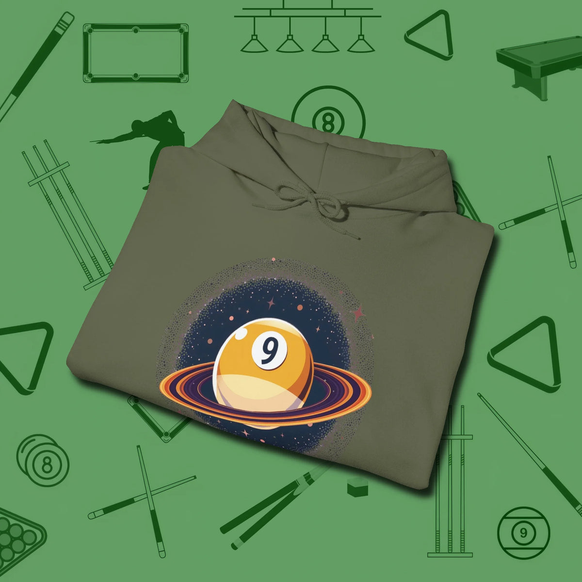 Nine Ball Saturn Hoodie, folded view, in Military Green helps your stroke and your style