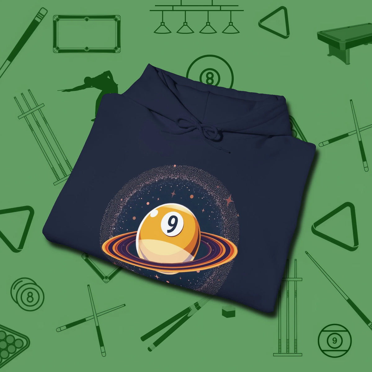 Nine Ball Saturn Hoodie, folded view, in Navy as serious as your stroke