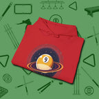 Nine Ball Saturn Hoodie, folded view, in Red designed for dead stroke and deadpan looks