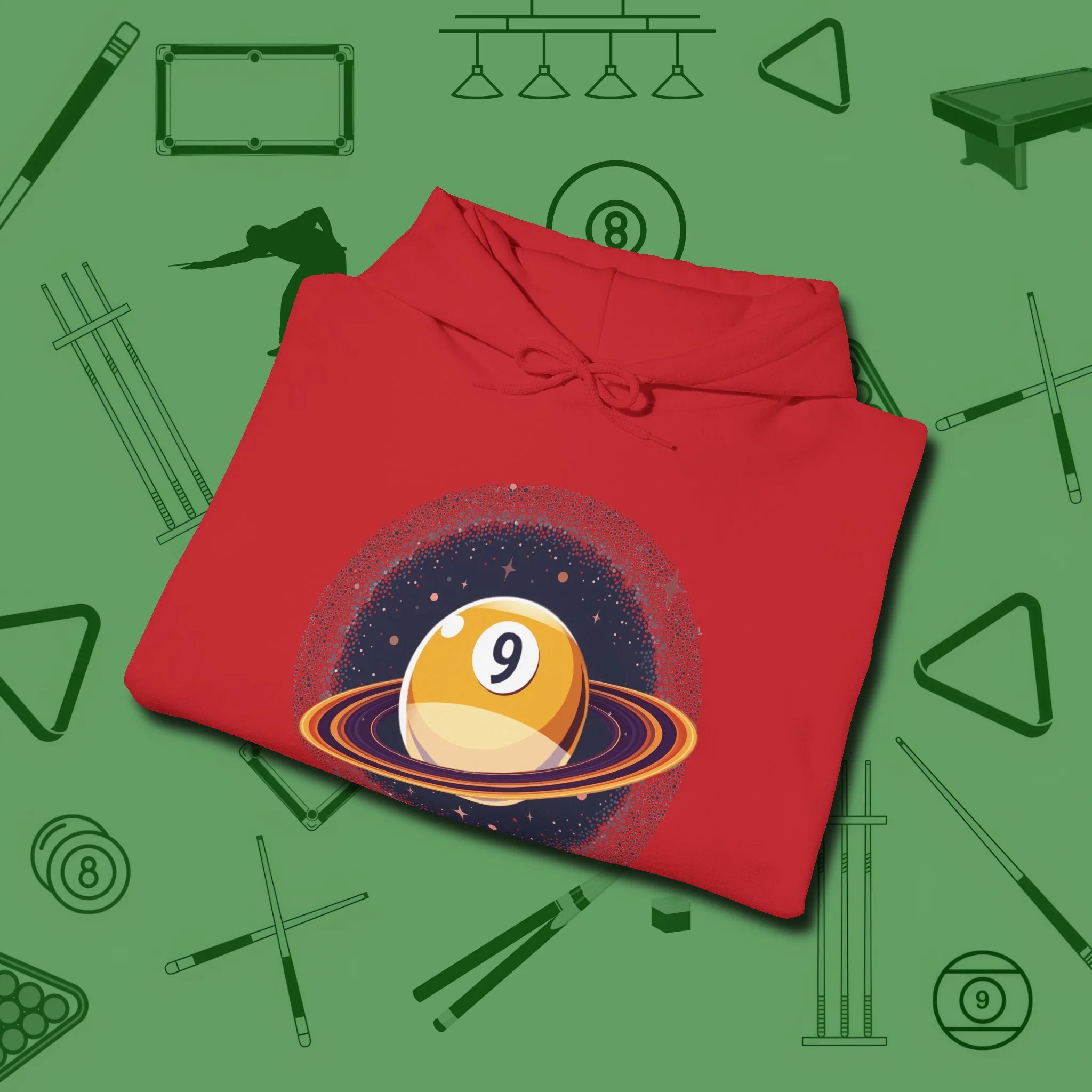 Nine Ball Saturn Hoodie, folded view, in Red designed for dead stroke and deadpan looks