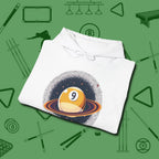Nine Ball Saturn Hoodie, folded view, in White break, run out, turn heads — repeat