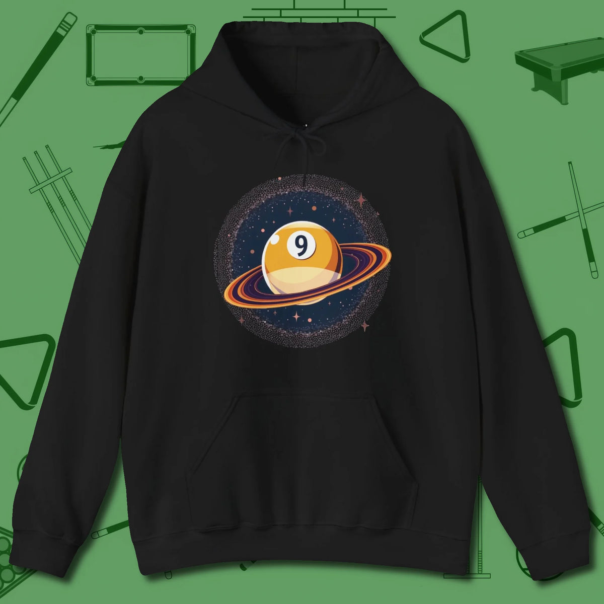 Nine Ball Saturn Hoodie, front view, in Black the shirt that plays position
