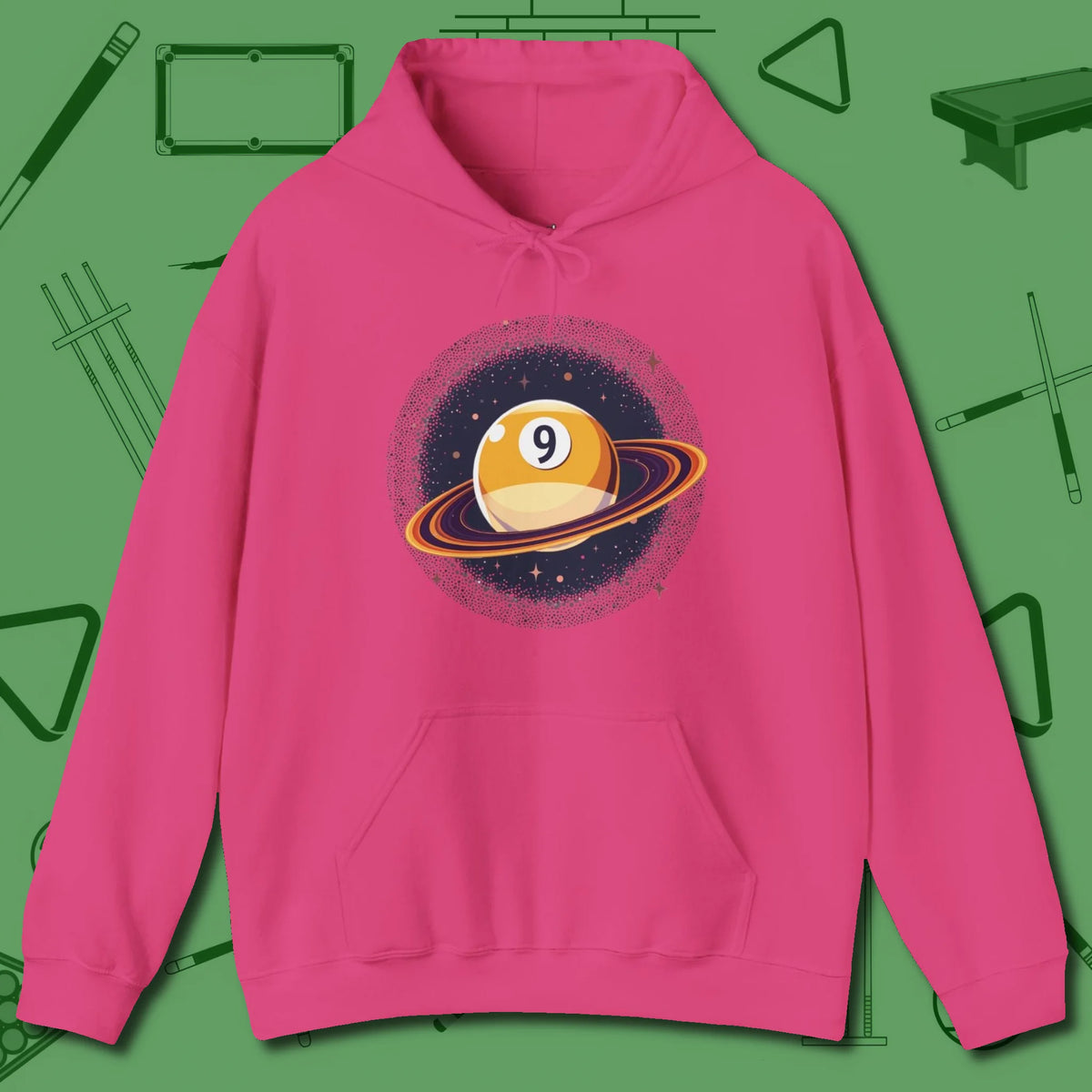 Nine Ball Saturn Hoodie, front view, in Heliconia clean lines for dirty minds
