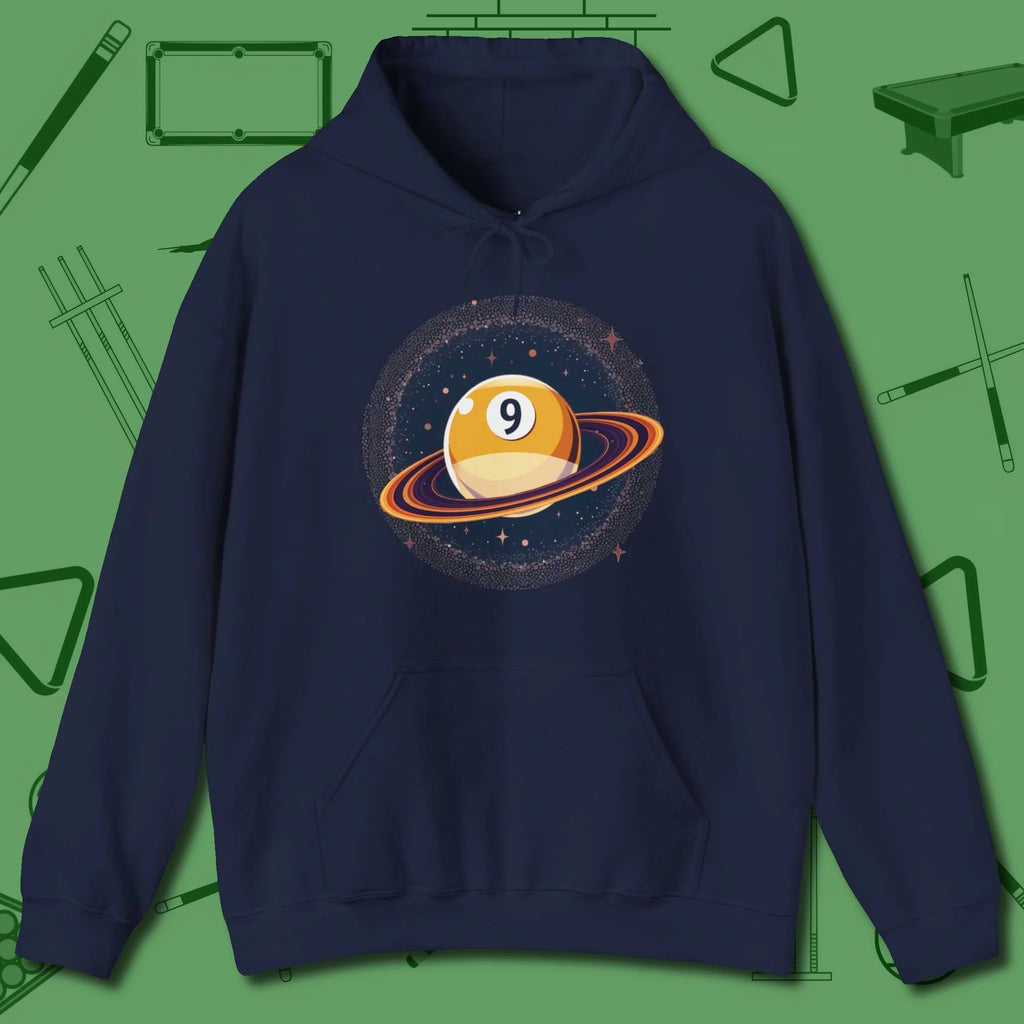 Nine Ball Saturn Hoodie, front view, in Navy tough like your favorite break cue