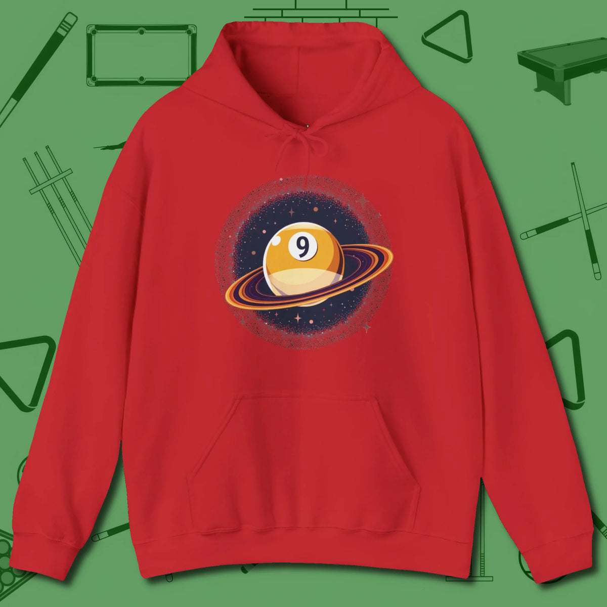 Nine Ball Saturn Hoodie, front view, in Red made for pool sharks, not posers