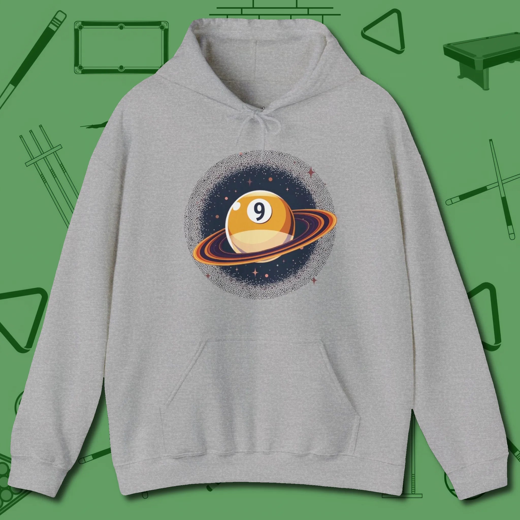 Nine Ball Saturn Hoodie, front view, in Sport Grey where cue control meets personal style
