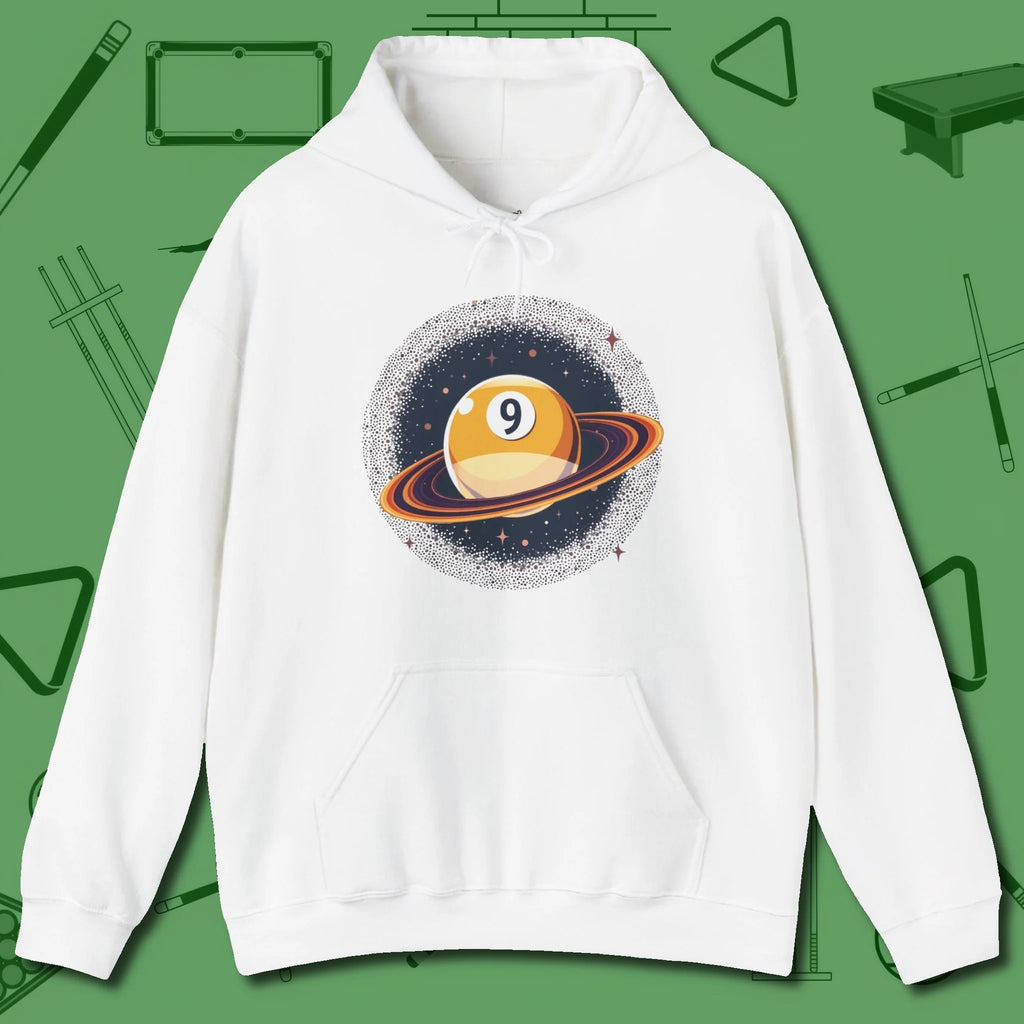 Nine Ball Saturn Hoodie, front view, in White poolroom style with tournament attitude