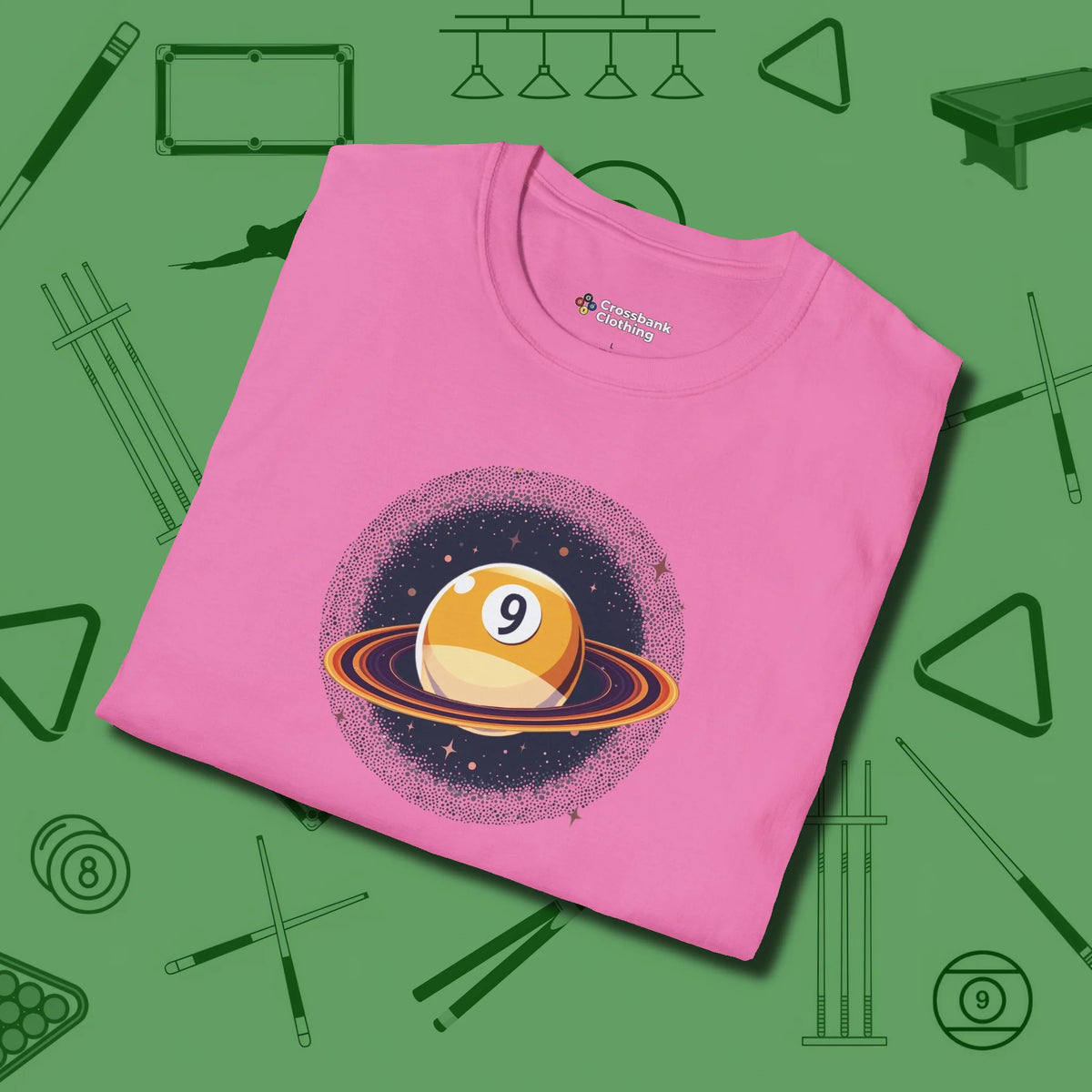 Nine Ball Saturn T-Shirt, folded view, in Azalea fashion with break-and-run energy
