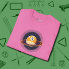 Nine Ball Saturn T-Shirt, folded view, in Azalea fashion with break-and-run energy