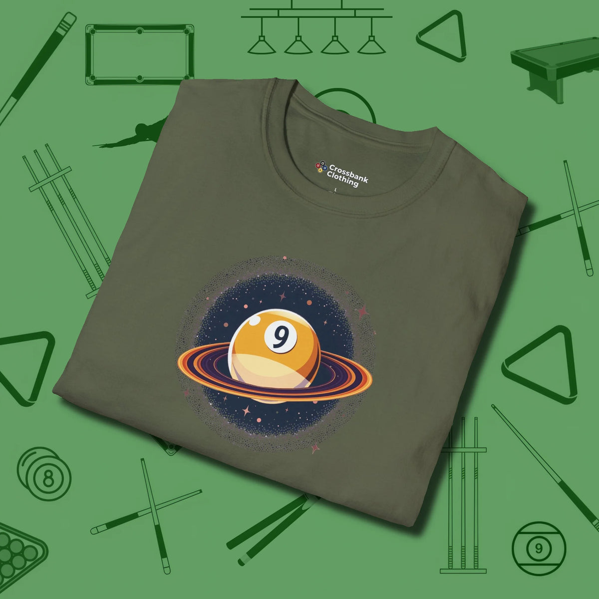 Nine Ball Saturn T-Shirt, folded view, in Military Green a clean fit for the dirtiest safeties