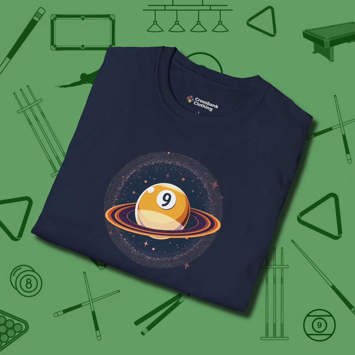 Nine Ball Saturn T-Shirt, folded view, in Navy table-tested, street-approved style