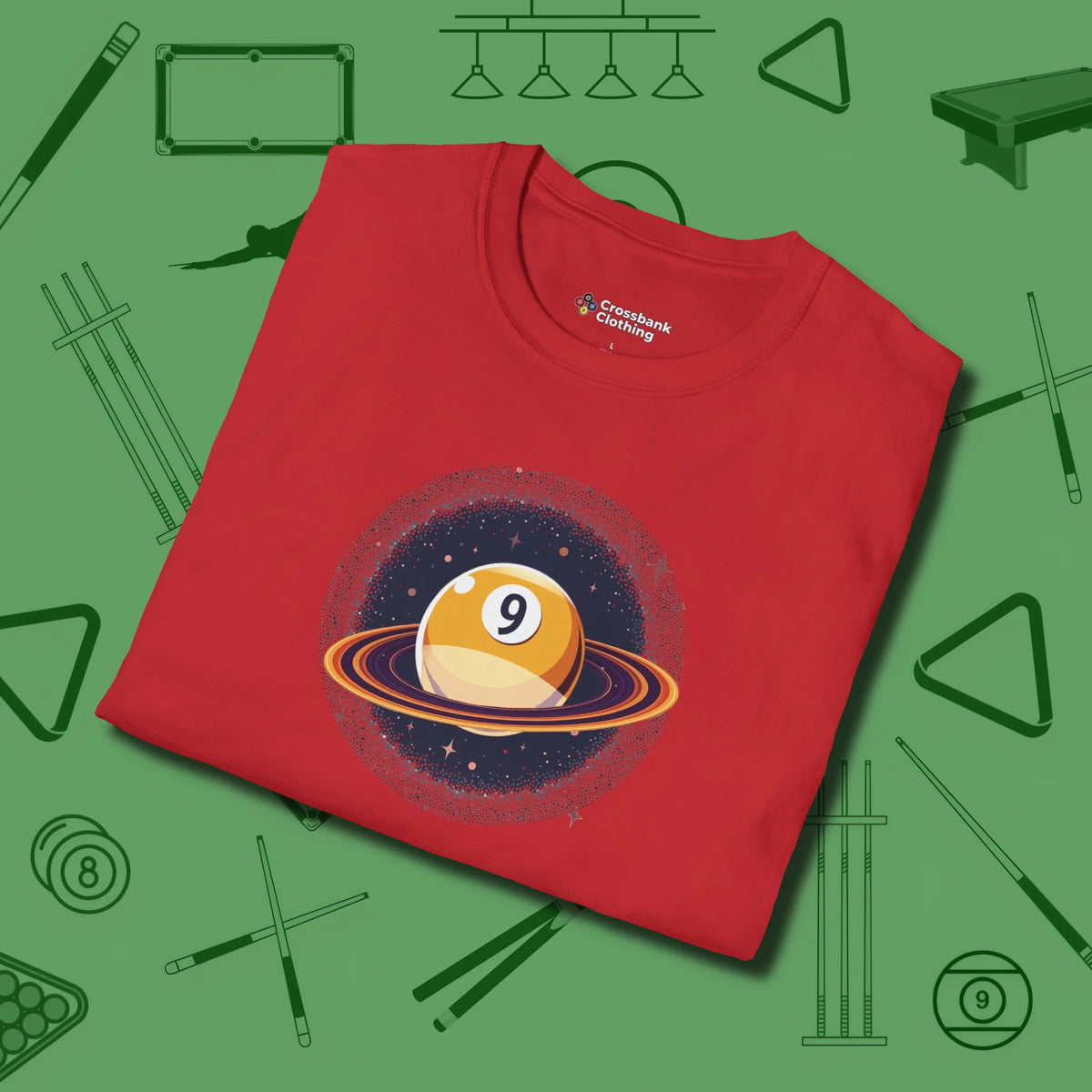Nine Ball Saturn T-Shirt, folded view, in Red ideal for clean hits and clean fits