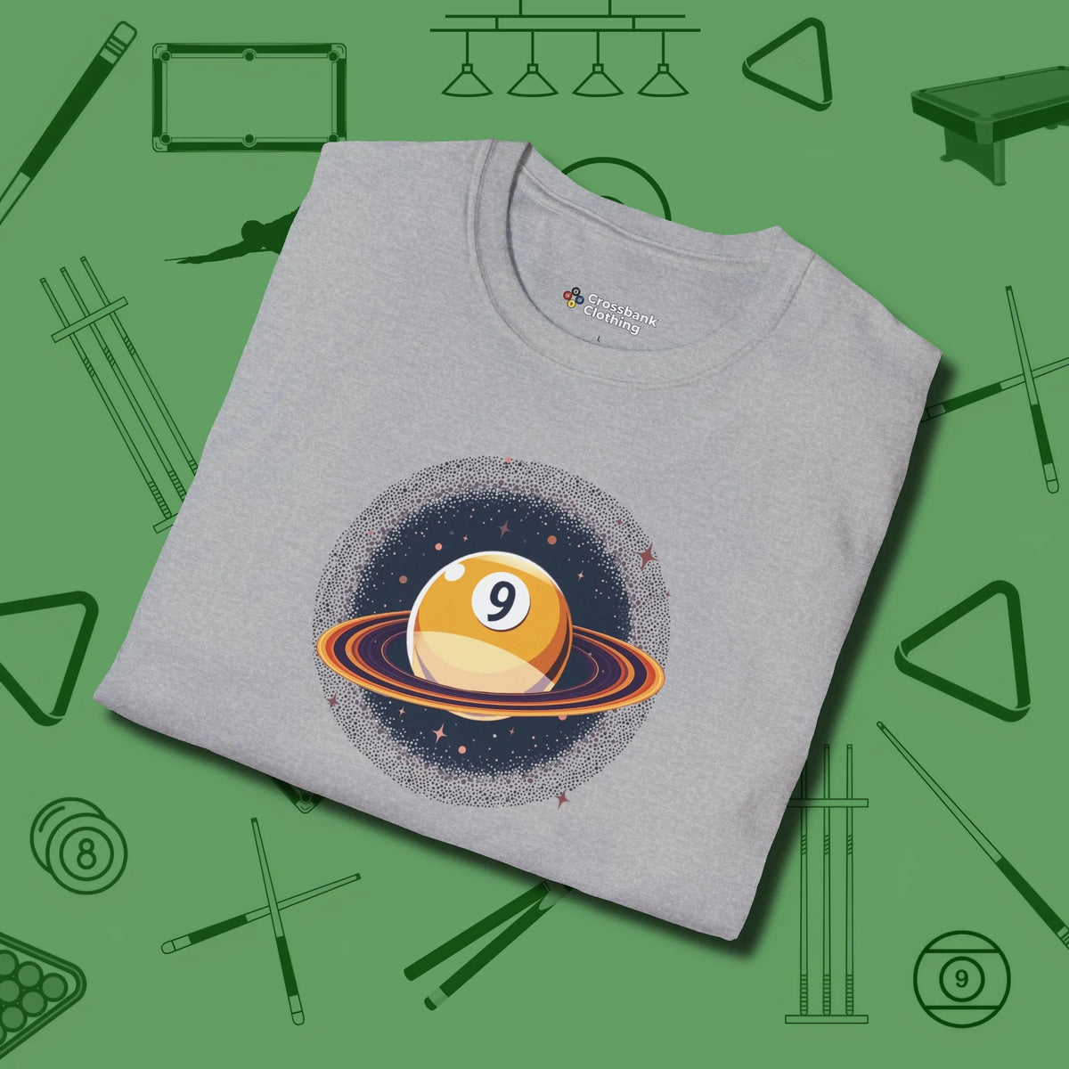 Nine Ball Saturn T-Shirt, folded view, in Sport Grey play in style, win in silence