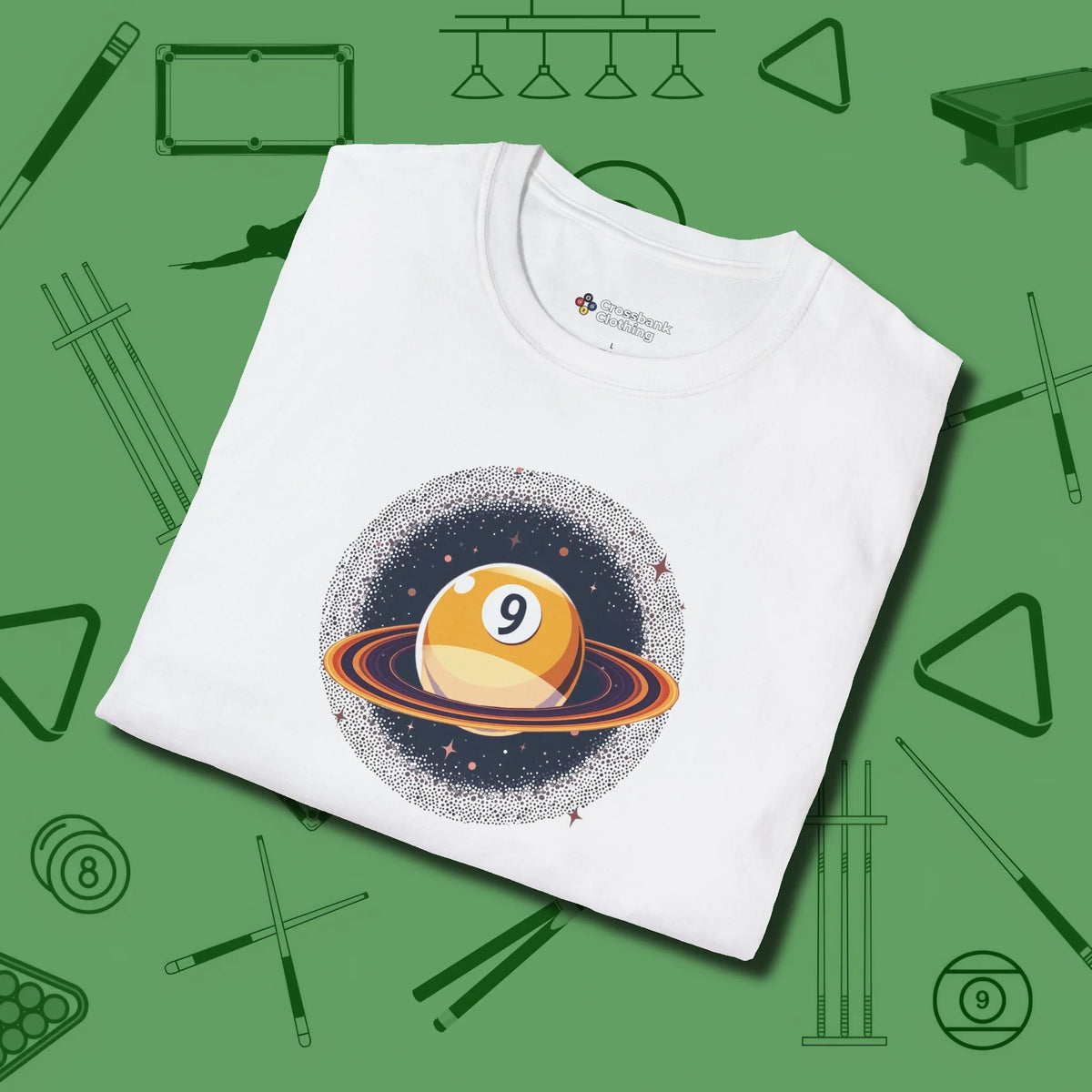 Nine Ball Saturn T-Shirt, folded view, in White cool under pressure, hot on the eyes