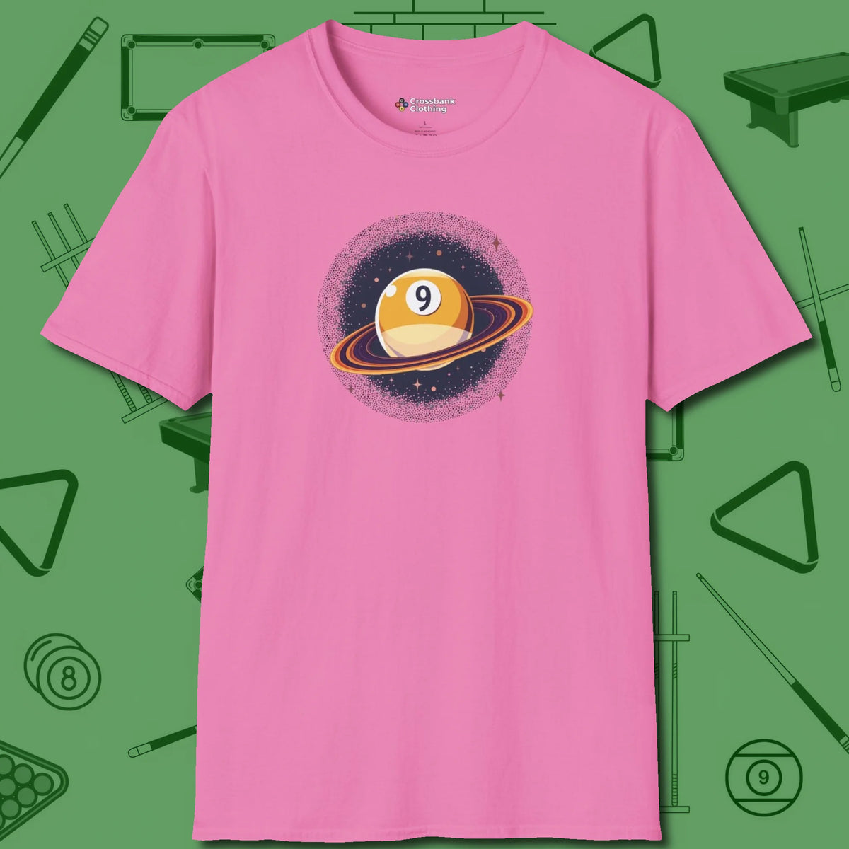 Nine Ball Saturn T-Shirt, front view, in Azalea play in style, win in silence