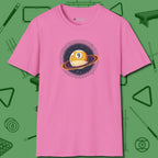 Nine Ball Saturn T-Shirt, front view, in Azalea play in style, win in silence