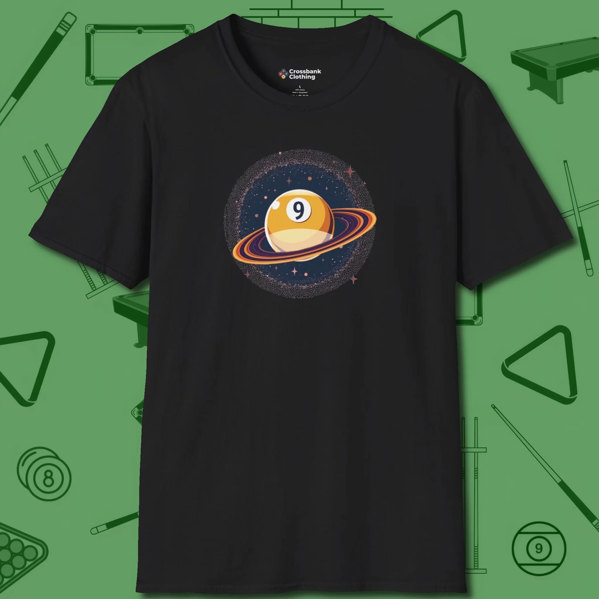 Nine Ball Saturn T-Shirt, front view, in Black perfect for players with quiet fire