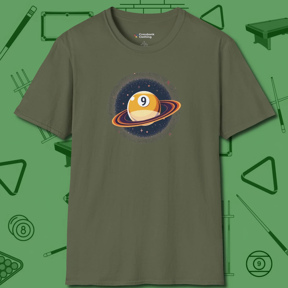 Nine Ball Saturn T-Shirt, front view, in Military Green play in style, win in silence