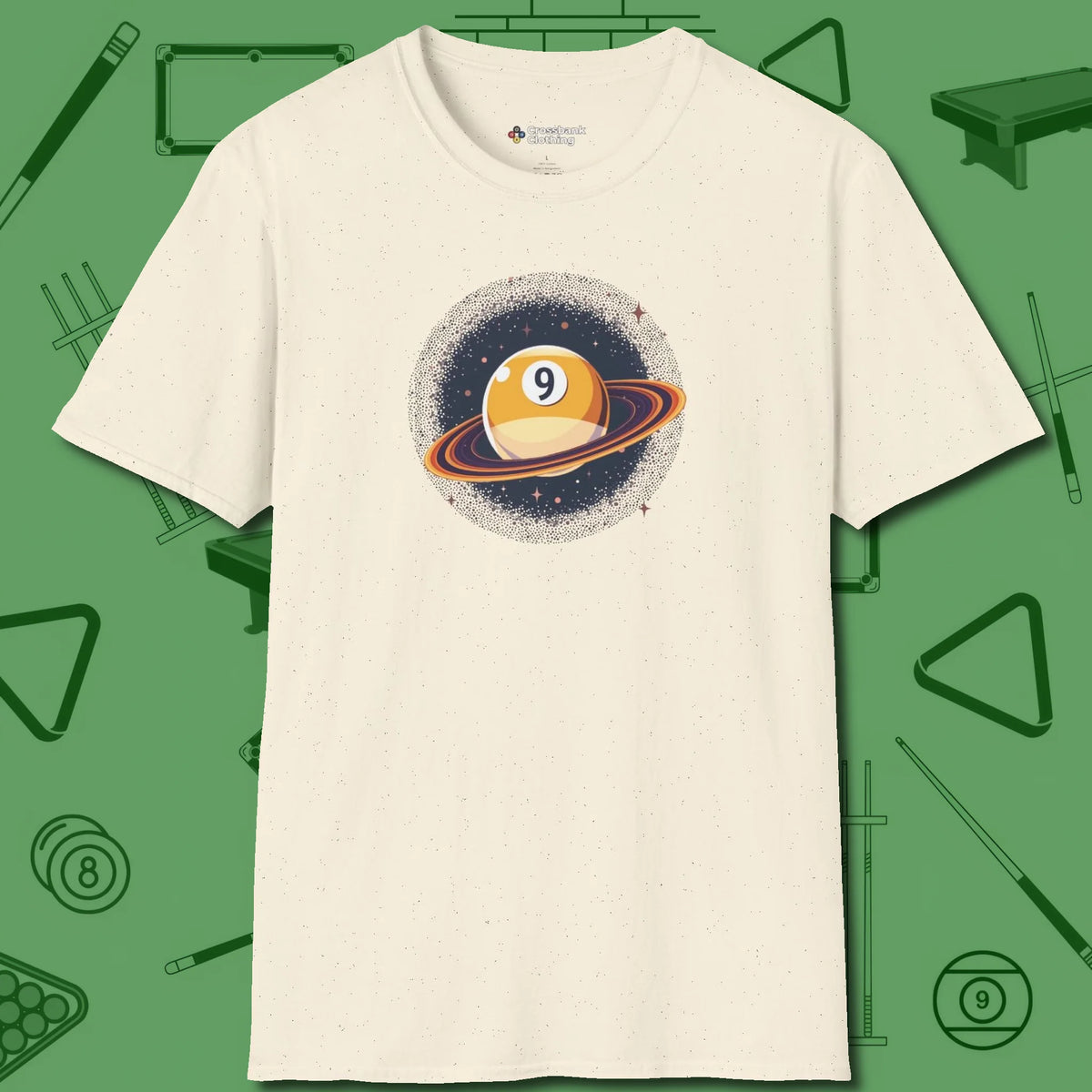 Nine Ball Saturn T-Shirt, front view, in Natural it’s not a hobby — it’s a lifestyle