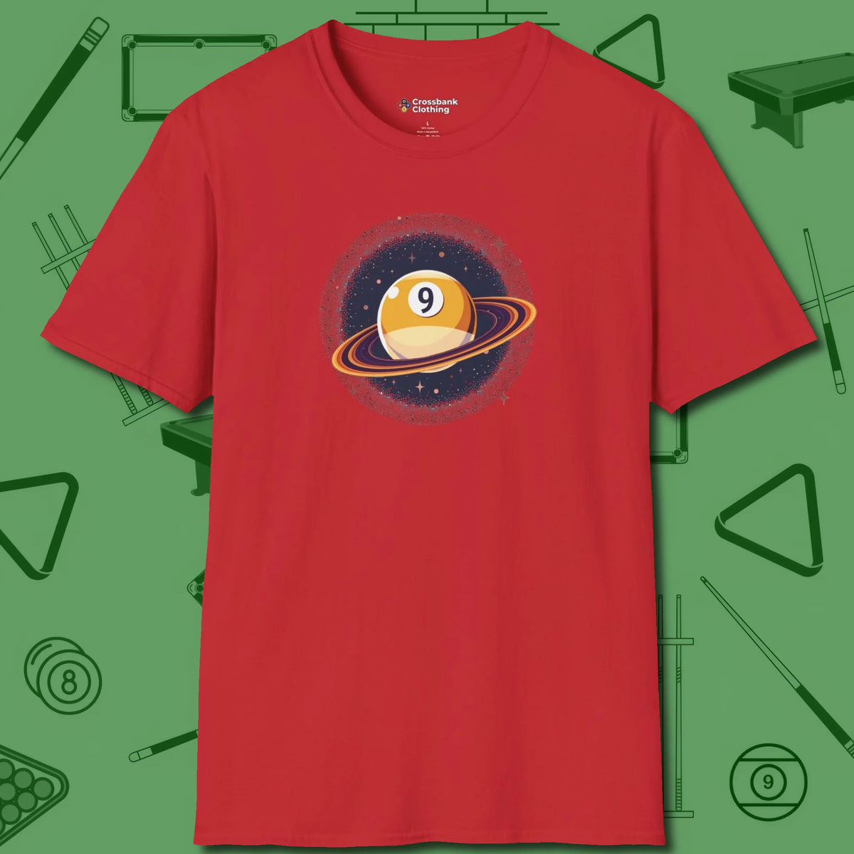Nine Ball Saturn T-Shirt, front view, in Red fashion with break-and-run energy