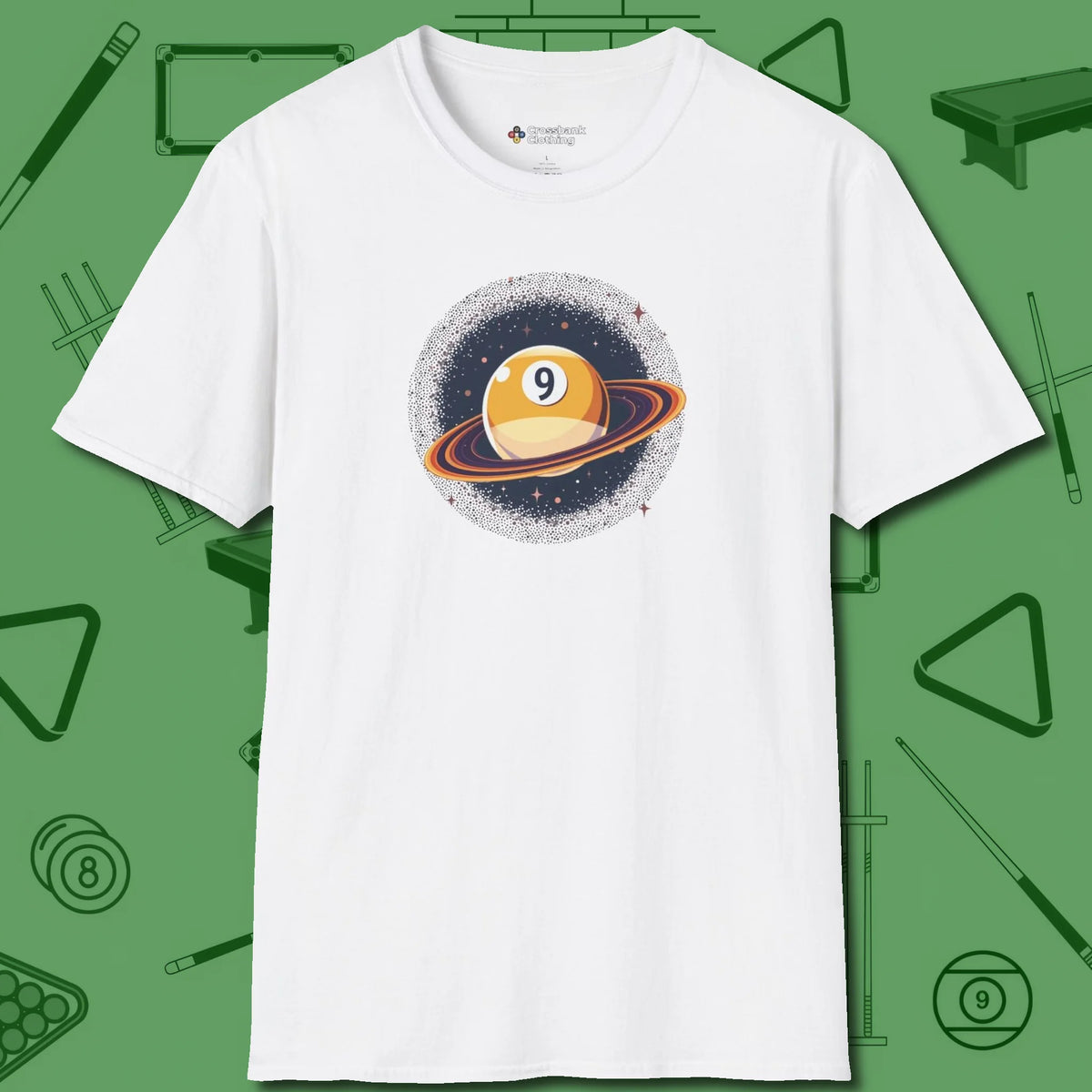 Nine Ball Saturn T-Shirt, front view, in White break, run out, turn heads — repeat