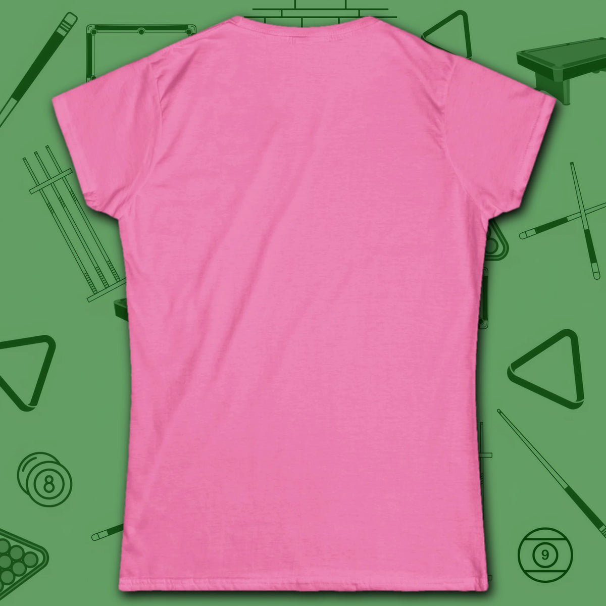 Nine Ball Saturn Women's Cut Tee, in Azalea color, billiards shirt, back view