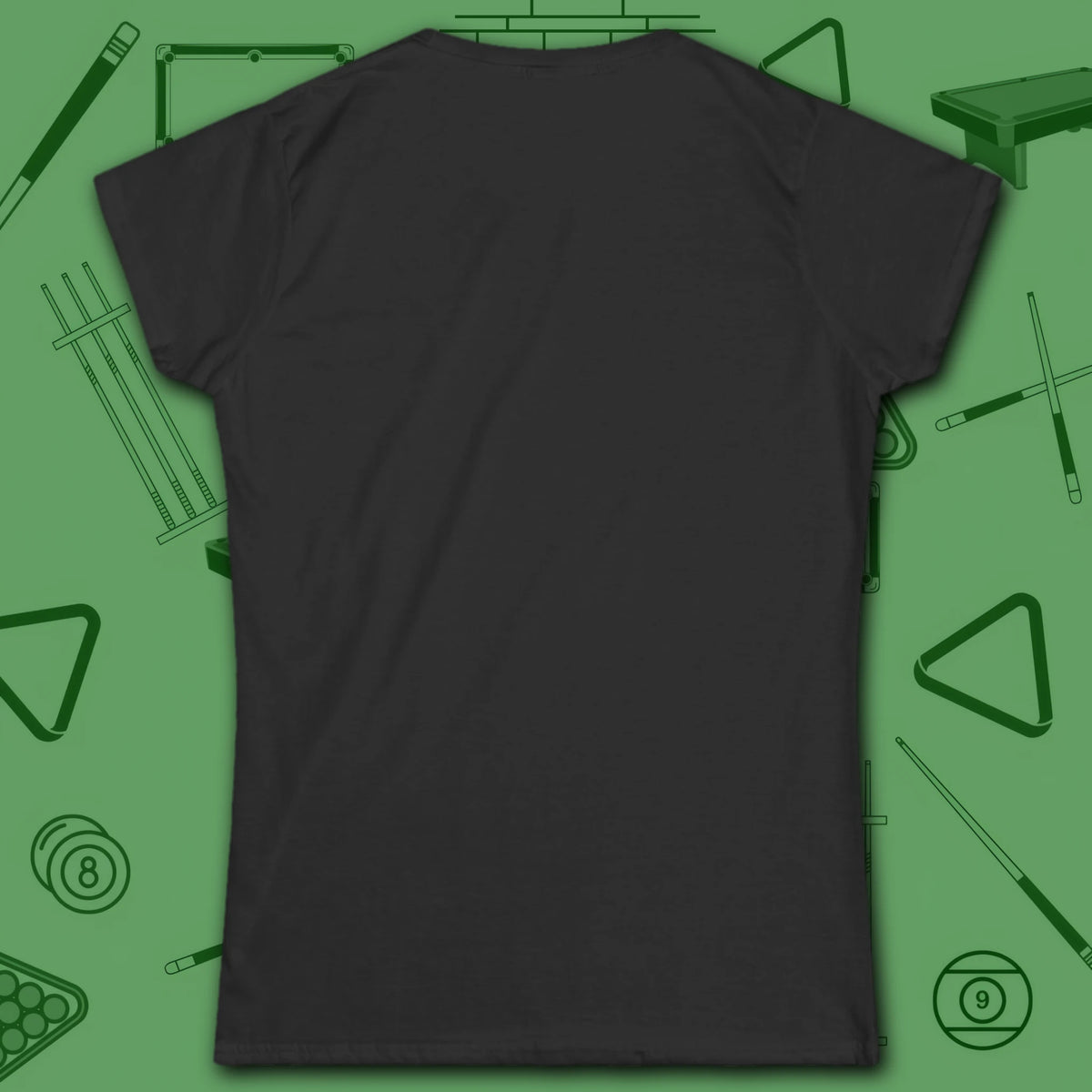 Nine Ball Saturn Women's Cut Tee, in Black color, billiards shirt, back view