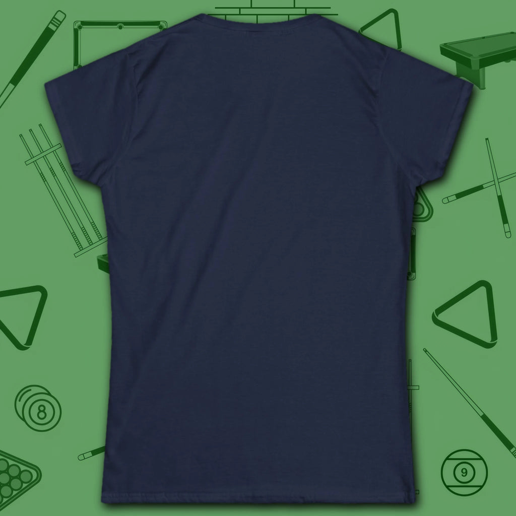 Nine Ball Saturn Women's Cut Tee, in Navy color, billiards shirt, back view