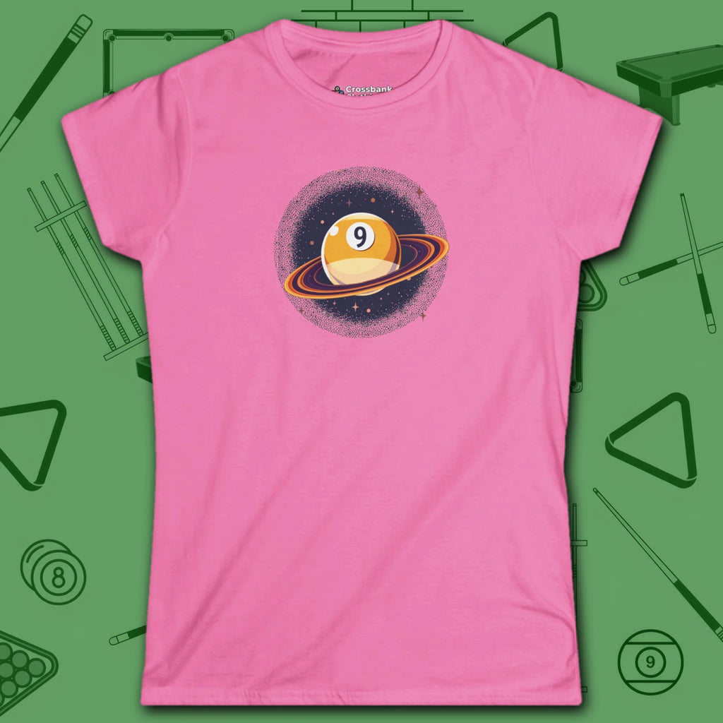 Nine Ball Saturn Women's Cut Tee, in Azalea color, billiards shirt, front view