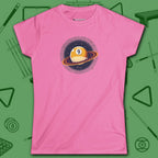 Nine Ball Saturn Women's Cut Tee, in Azalea color, billiards shirt, front view