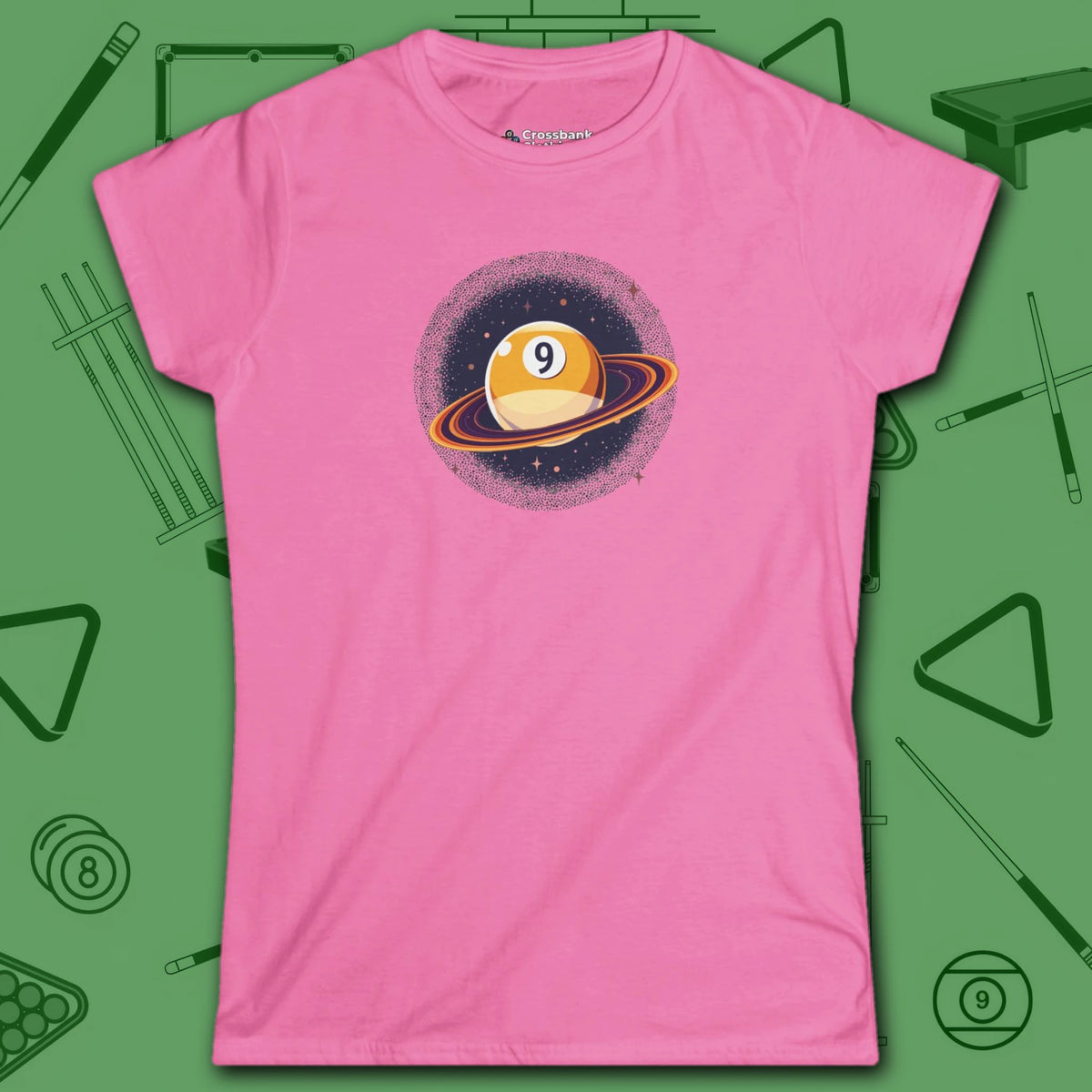 Nine Ball Saturn Women's Cut Tee, in Azalea color, billiards shirt, front view