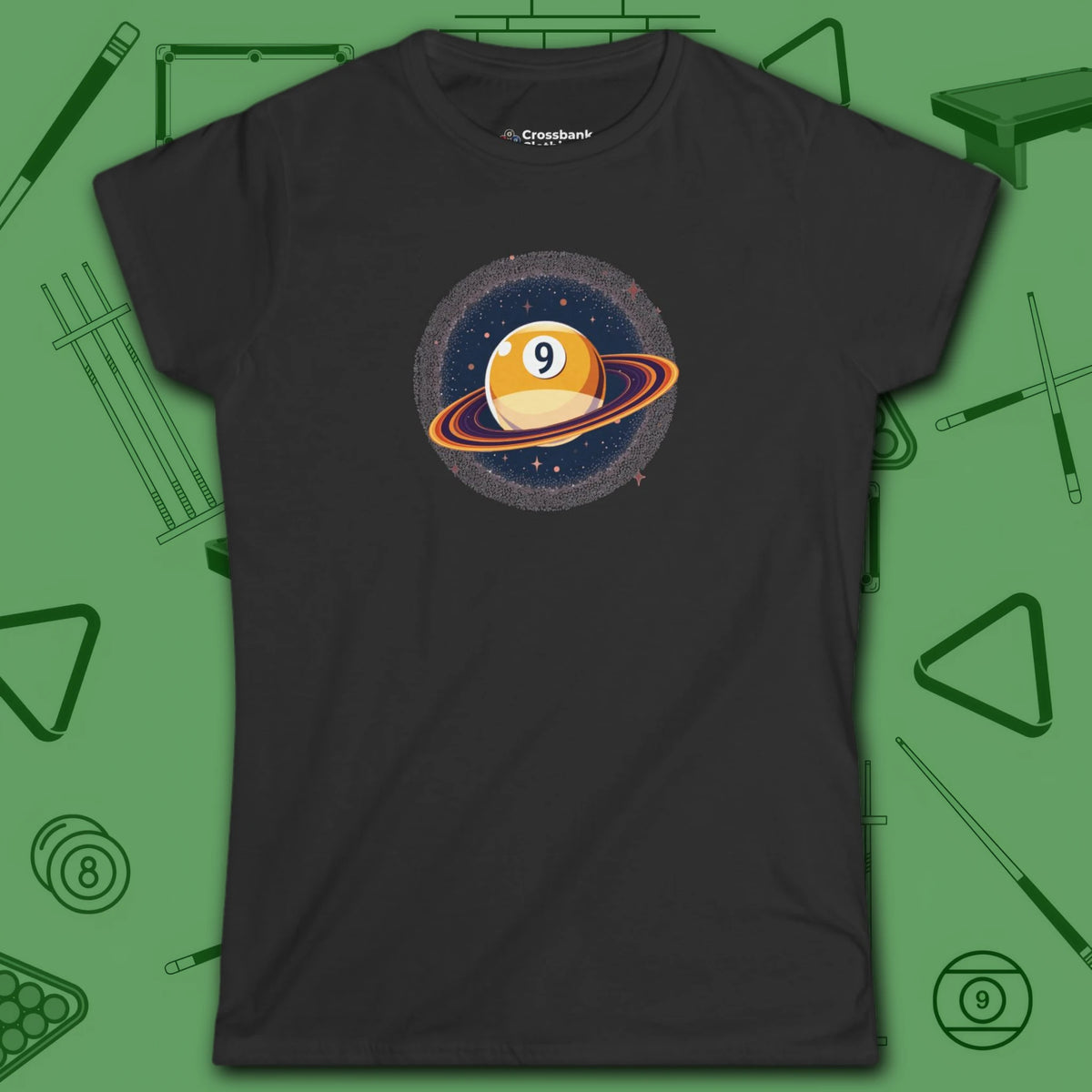Nine Ball Saturn Women's Cut Tee, in Black color, billiards shirt, front view
