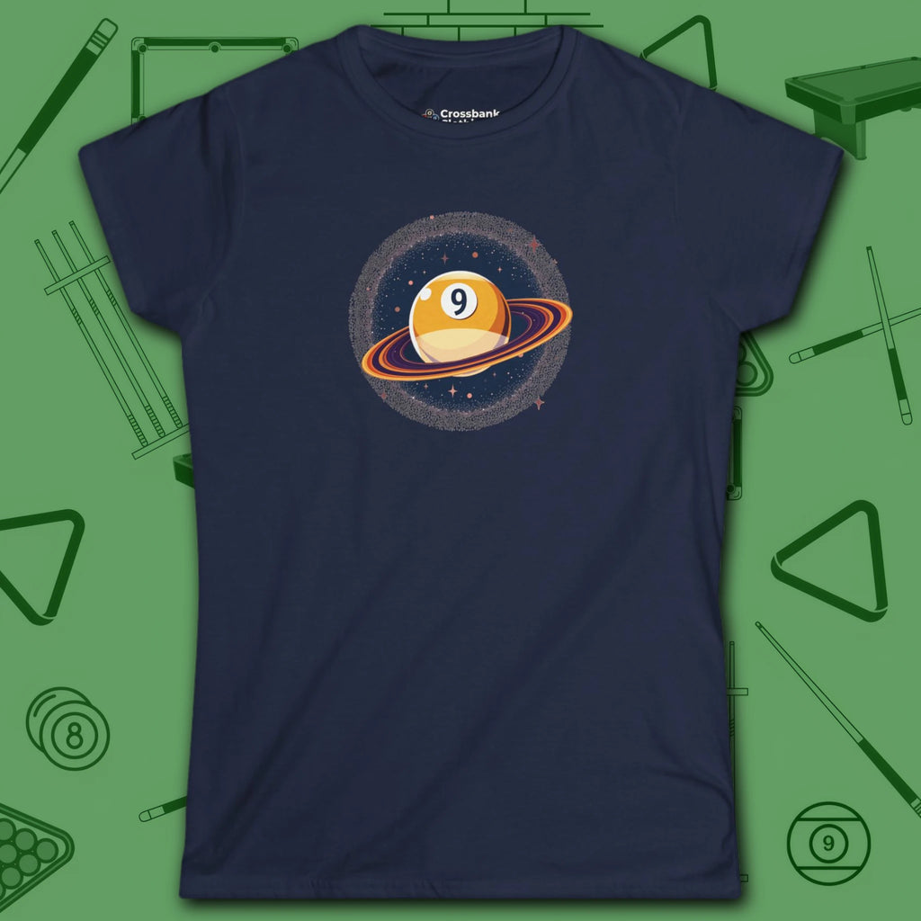 Nine Ball Saturn Women's Cut Tee, in Navy color, billiards shirt, front view