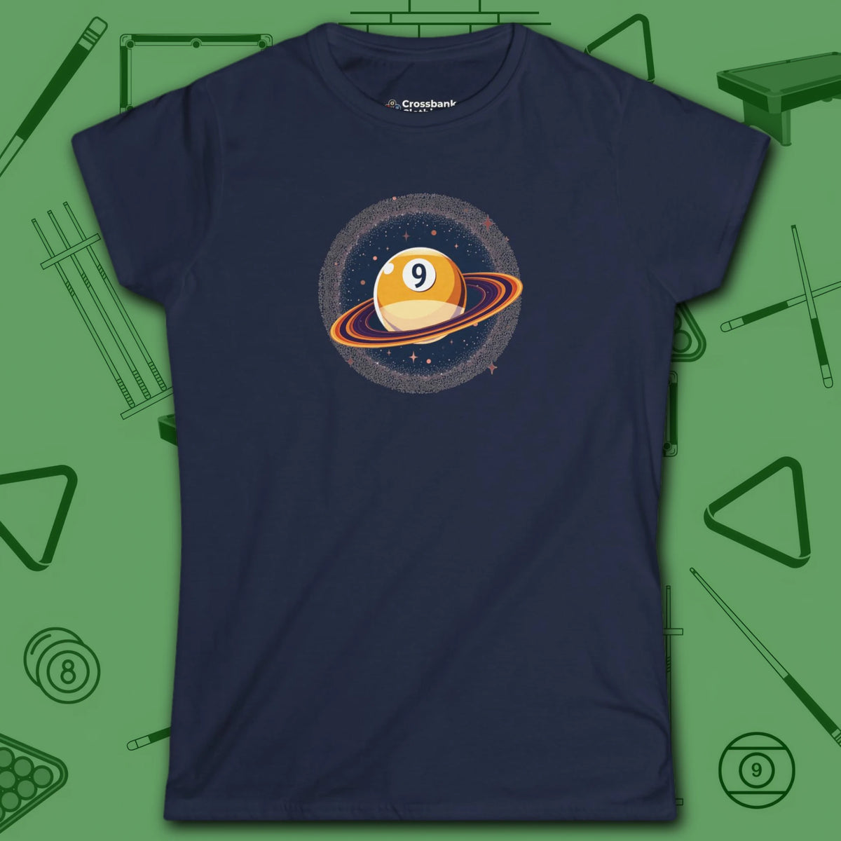 Nine Ball Saturn Women's Cut Tee, in Navy color, billiards shirt, front view