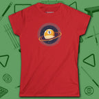 Nine Ball Saturn Women's Cut Tee, in Red color, billiards shirt, front view