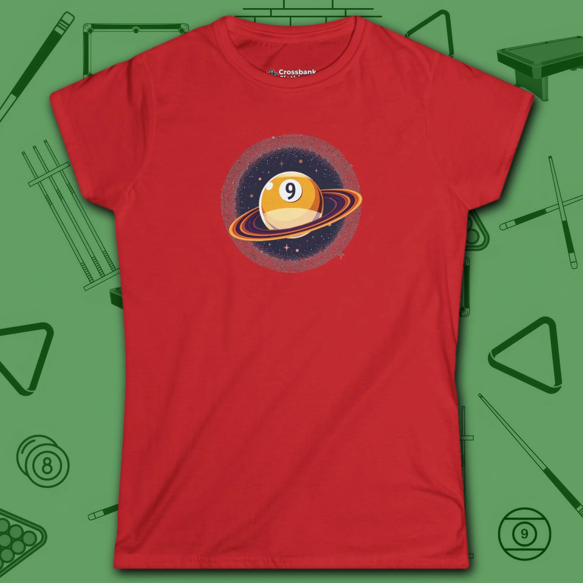 Nine Ball Saturn Women's Cut Tee, in Red color, billiards shirt, front view