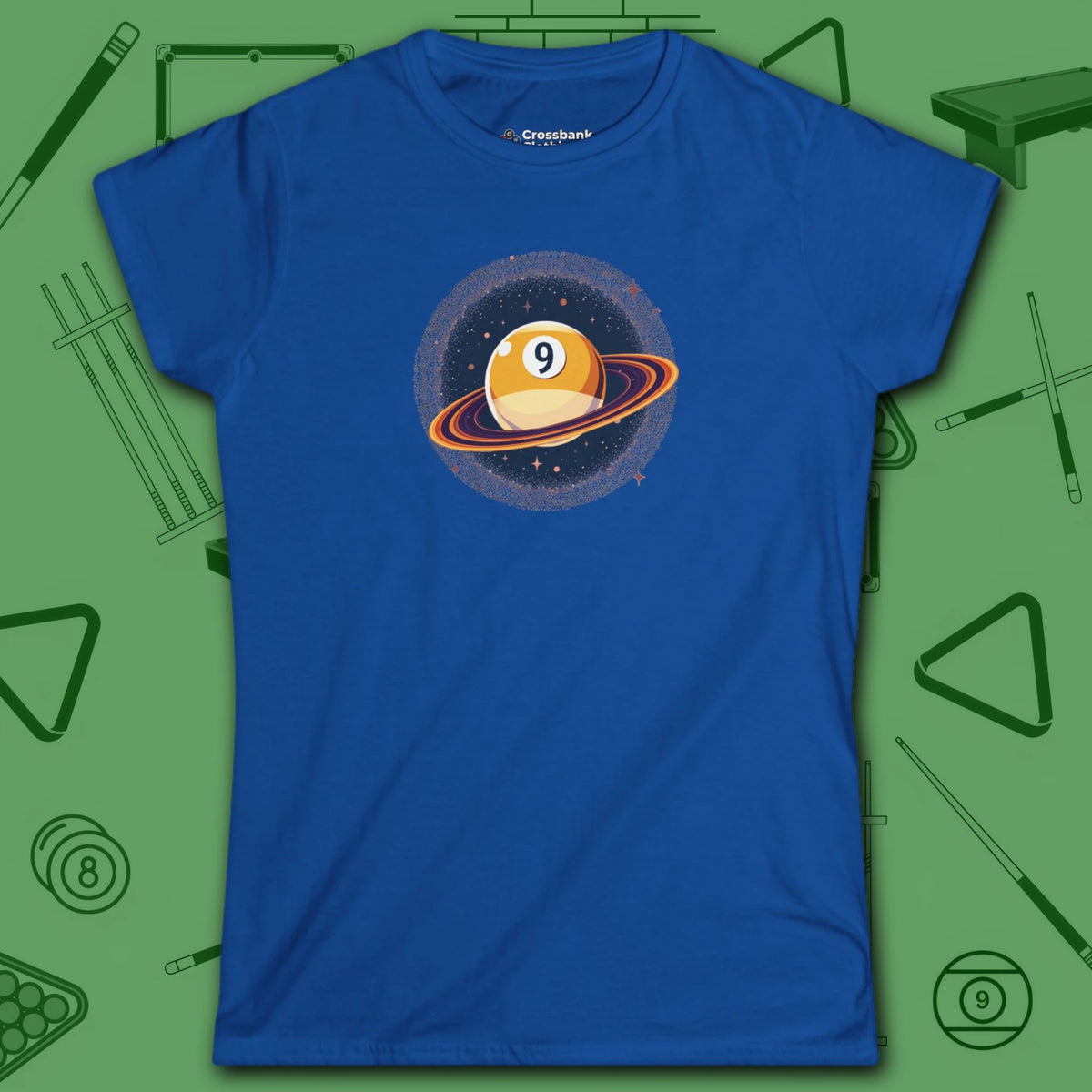 Nine Ball Saturn Women's Cut Tee, in Royal color, billiards shirt, front view