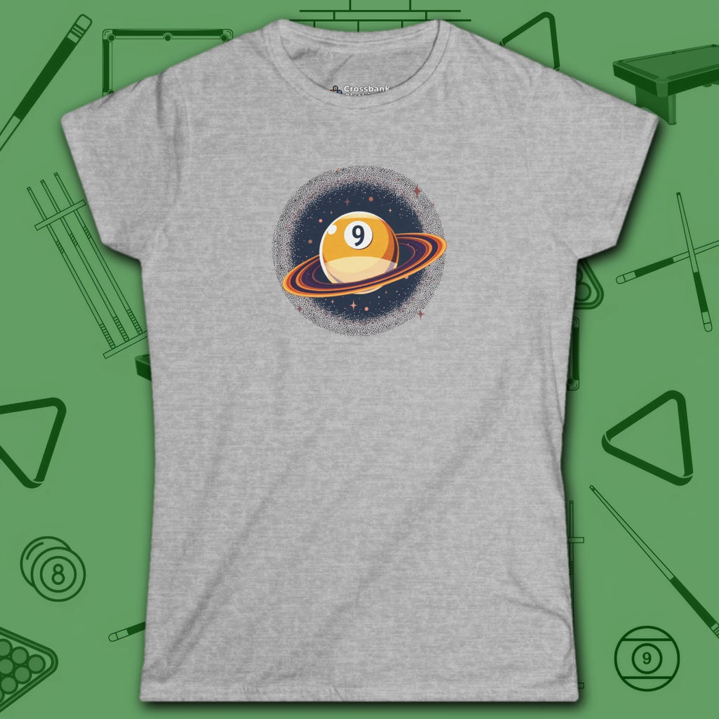Nine Ball Saturn Women's Cut Tee, in Sport Grey color, billiards shirt, front view