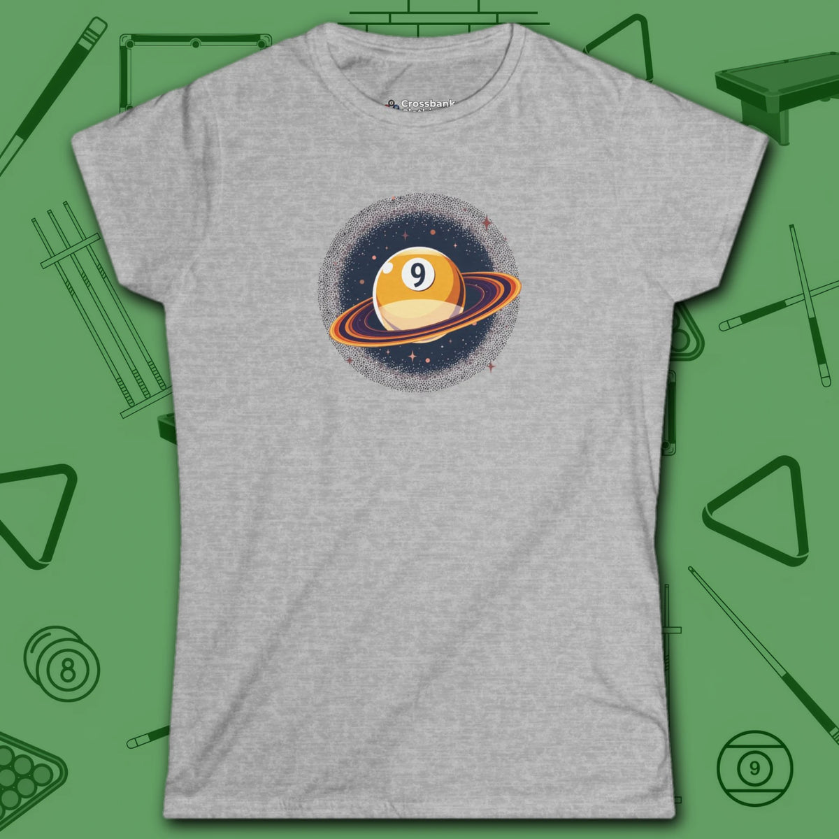 Nine Ball Saturn Women's Cut Tee, in Sport Grey color, billiards shirt, front view