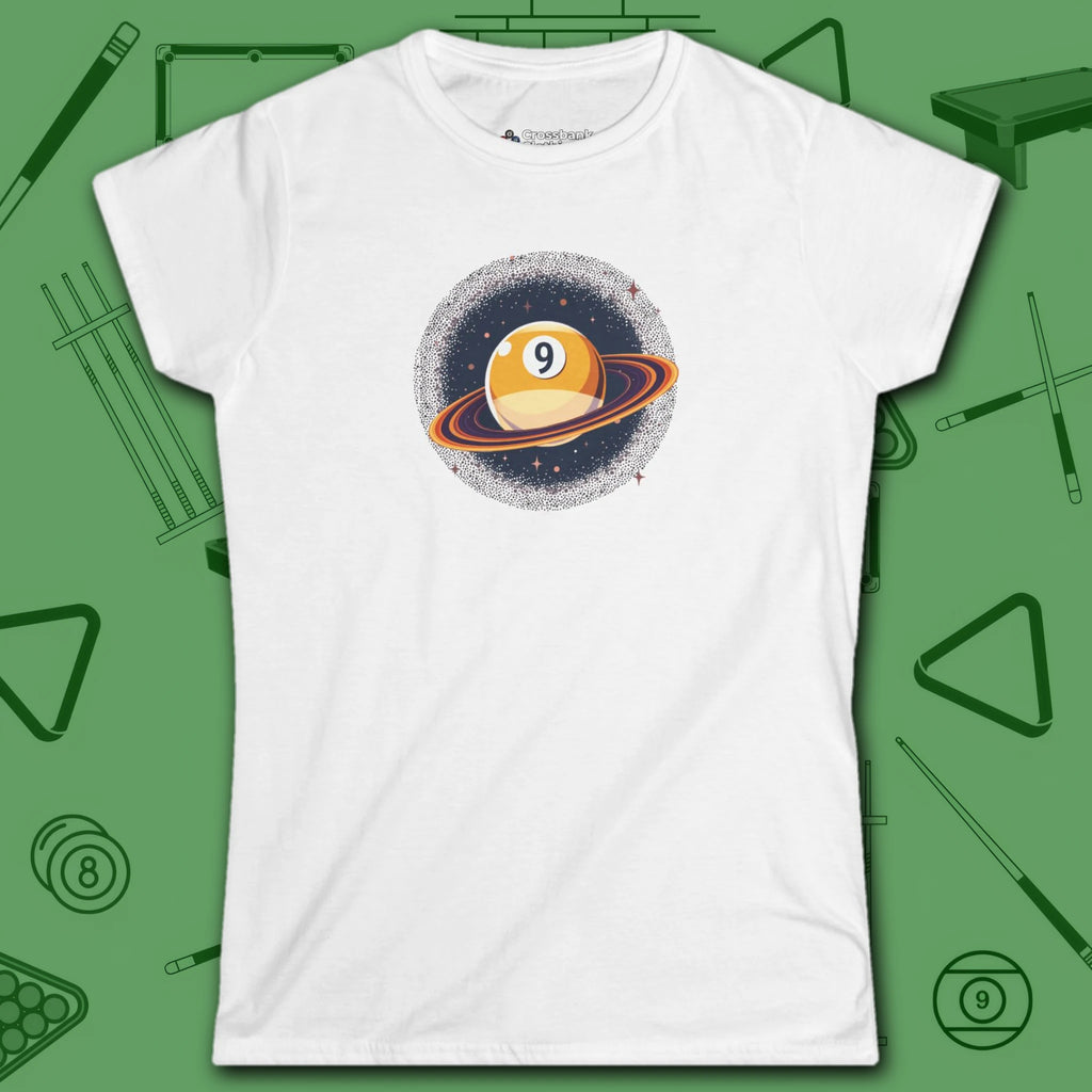 Nine Ball Saturn Women's Cut Tee, in White color, billiards shirt, front view