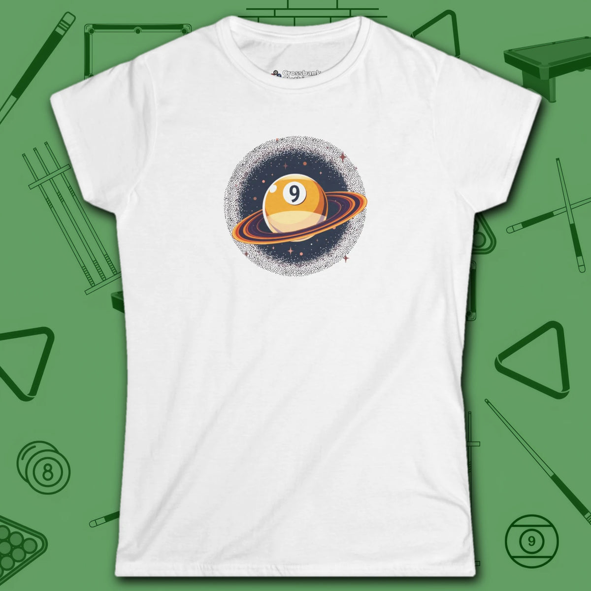 Nine Ball Saturn Women's Cut Tee, in White color, billiards shirt, front view