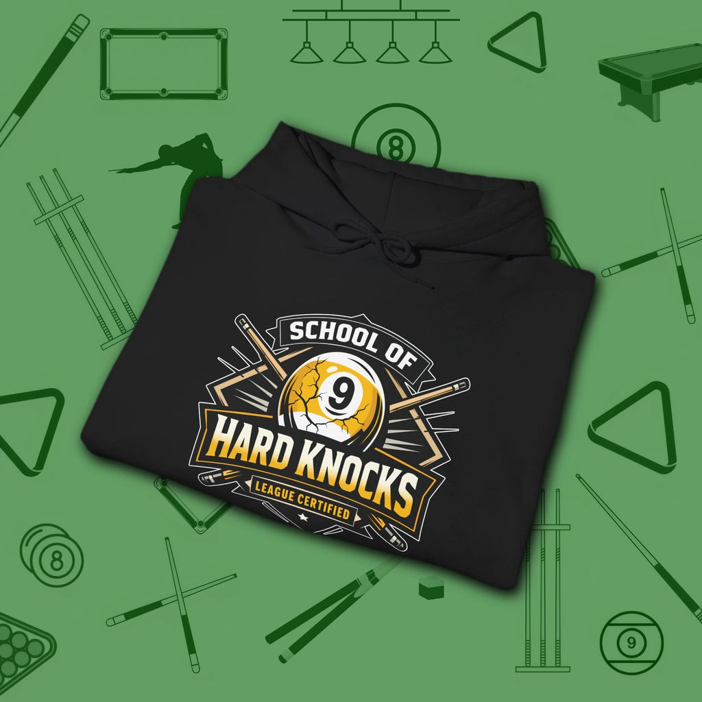 School of Hard Knocks Hoodie, in Black color, billiards hoodie, folded view