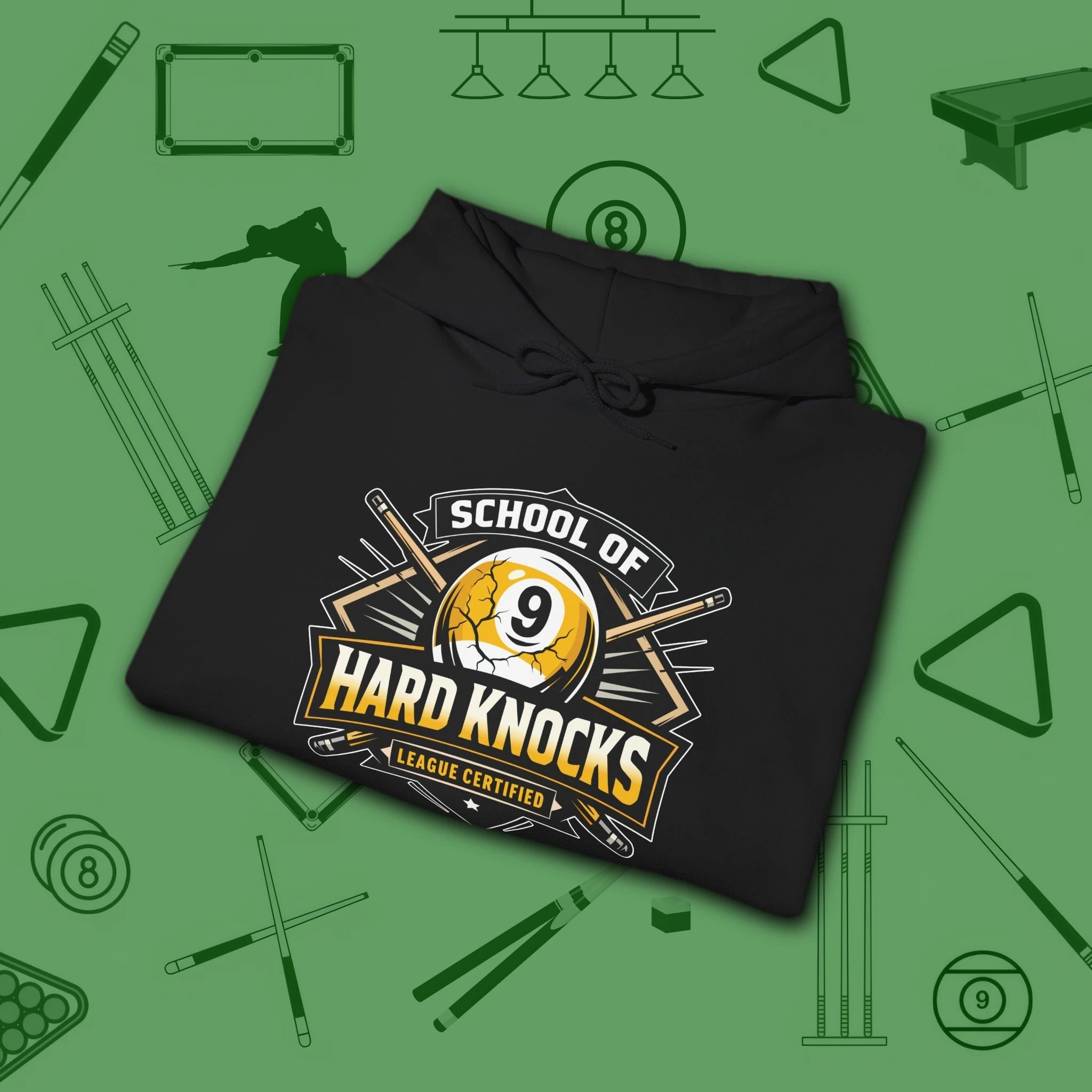 School of Hard Knocks Hoodie, in Black color, billiards hoodie, folded view