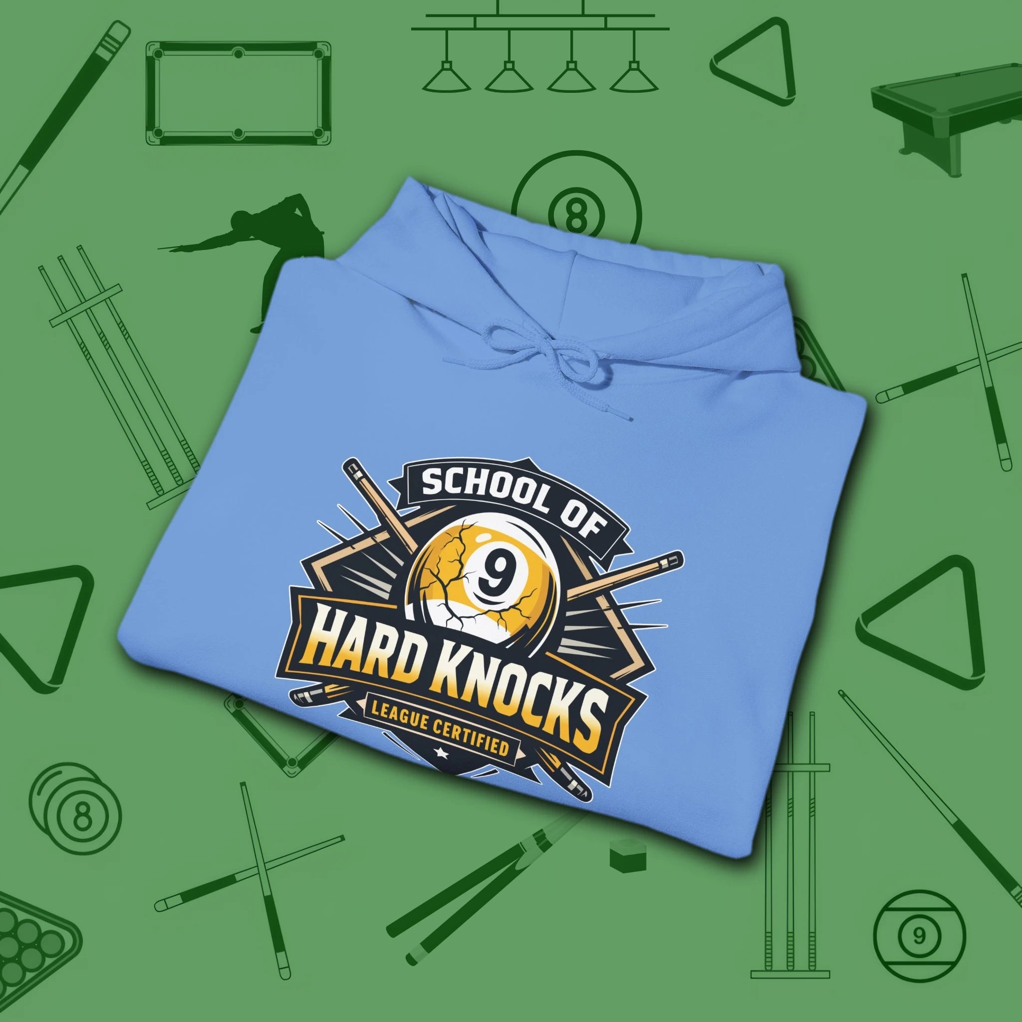 School of Hard Knocks Hoodie, in Carolina Blue color, billiards hoodie, folded view