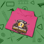 School of Hard Knocks Hoodie, in Heliconia color, billiards hoodie, folded view